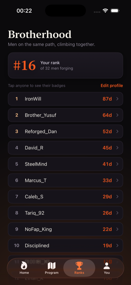 Reforgr anonymous brotherhood leaderboard of men on the same path