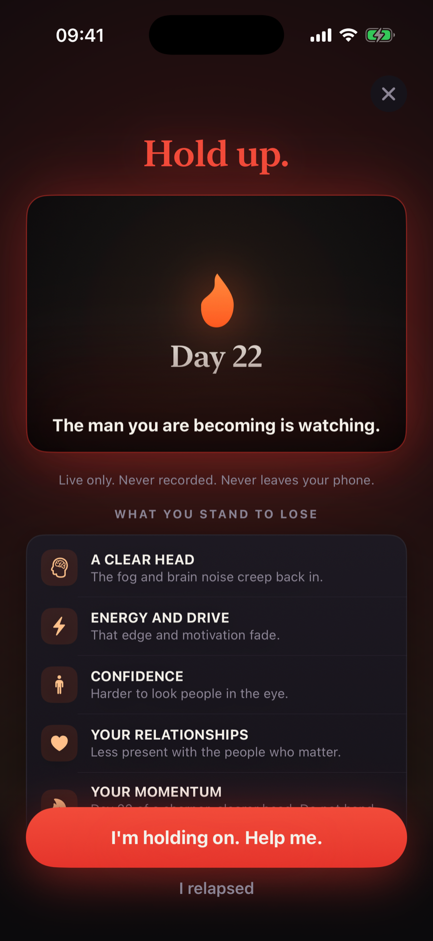 Reforgr panic button: a hard pause screen the moment you are about to break