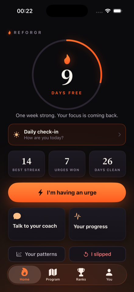 Reforgr home screen with a clean streak counter